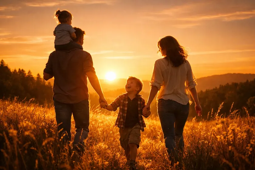 Glückliche Familie im Sonnenuntergang als Symbol für finanzielle Sicherheit und Vorsorge in der PKV.
